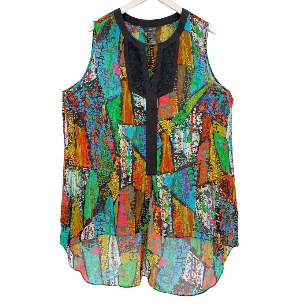 Ali Miles Womens 1X Abstract Geometric Print Lace Trim High Low Sleeveless Tunic